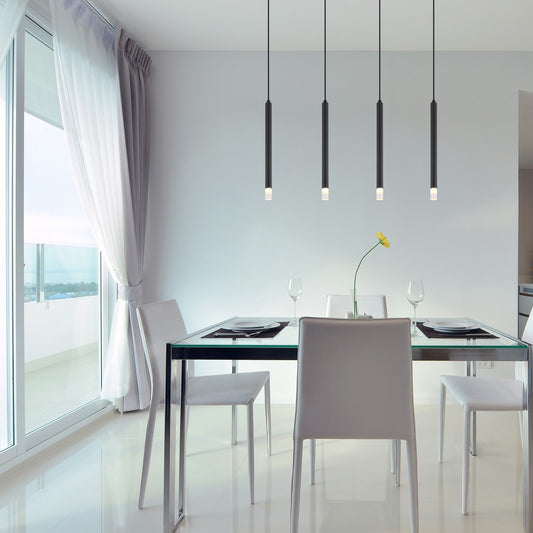 Zwarte metalen hanglamp met cilindervormige pendels en plafondplaat – sfeerbeeld