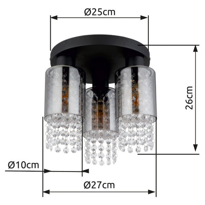 Zwarte metalen plafondlamp met drie rookglazen kokers en kristallen hangers – afbeelding 6