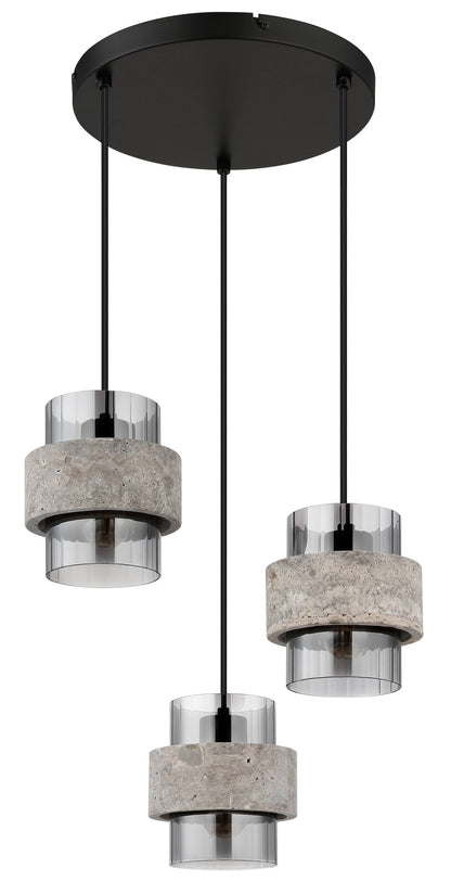 zwarte metalen hanglamp met drie rookglazen kokers en stenen ringen – afbeelding 1