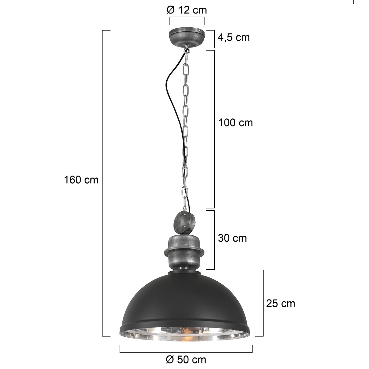 Mexlite Gaeve Black Industrial Pendant Light Ø50cm – dimension drawing