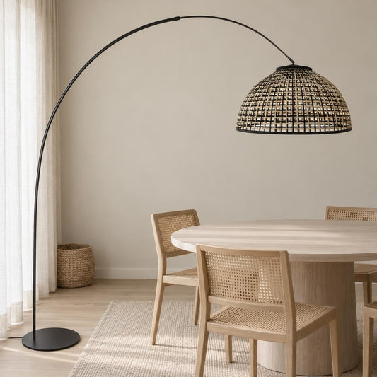 Anne Curve Black Arc Floor Lamp with Bamboo Shade – lifestyle image
