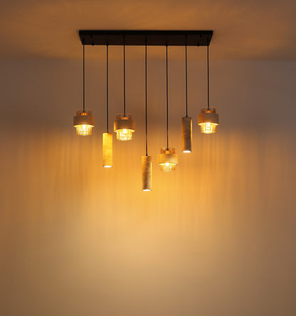 Zwarte metalen hanglamp met stenen cilinders en amberkleurig ribbelglas – afbeelding 3