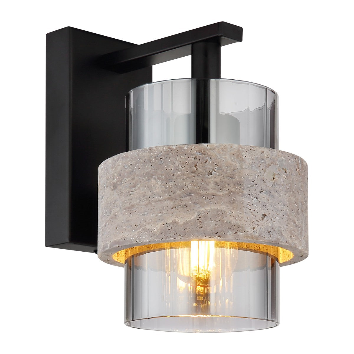 Zwarte metalen wandlamp met stenen kap en rookglazen cilinder