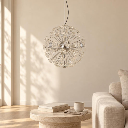 Lustră suspendată Virina cu LED, crom și cristal – fotografie de ambient