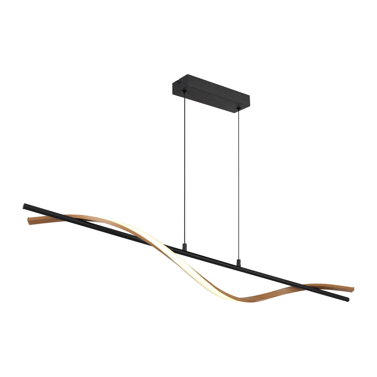 Zwarte metalen hanglamp met golvende houten lichtband