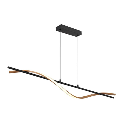 Zwarte metalen hanglamp met golvende houten lichtband