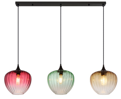 Zwarte metalen hanglamp met drie geribbelde glazen bollen en plafondbalk – afbeelding 2