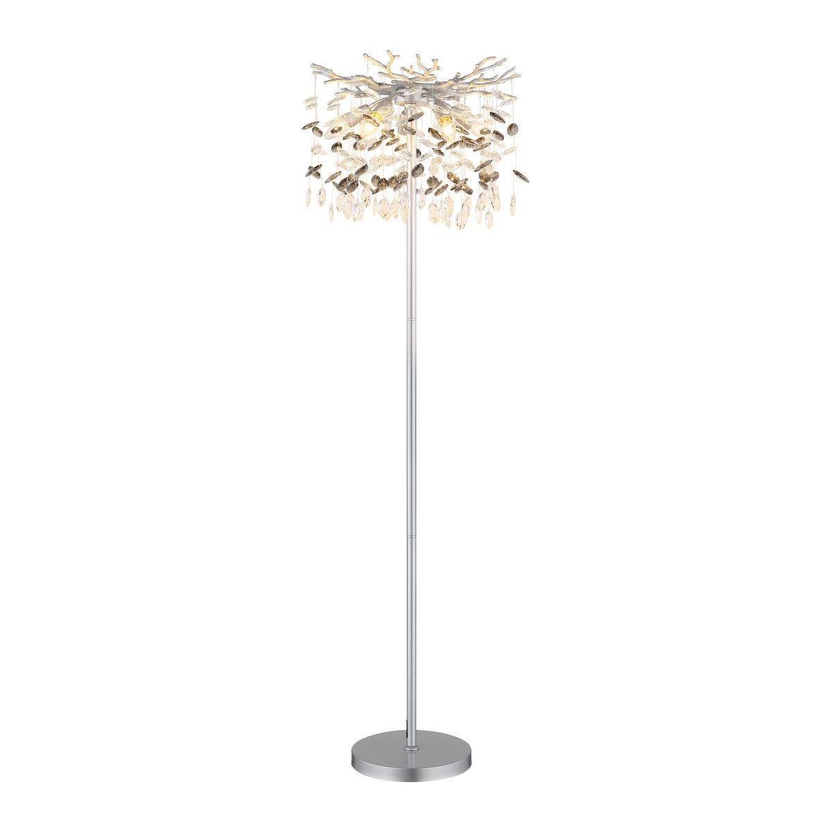 Zilveren metalen vloerlamp met vertakte kap en glazen hangers