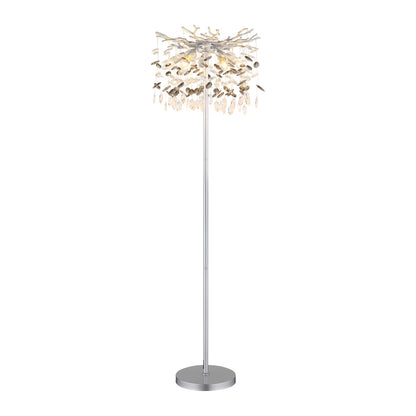 Zilveren metalen vloerlamp met vertakte kap en glazen hangers