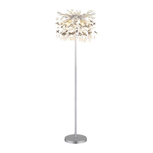 Zilveren metalen vloerlamp met vertakte kap en glazen hangers