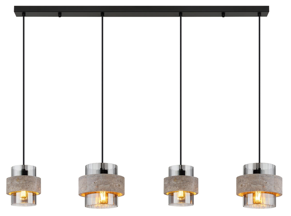 Zwarte metalen hanglamp met vier stenen ringen en rookglazen kokers – afbeelding 2