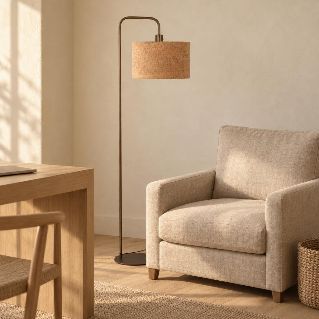 Mexlite Forma gulvlampe i bronze med beige korkskærm – stemningsbillede