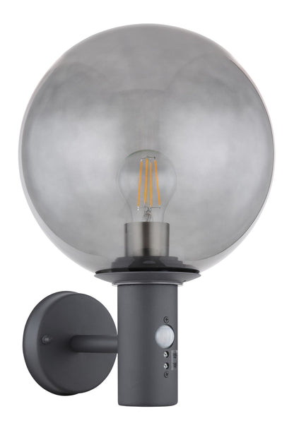 Zwarte metalen buitenwandlamp met gerookte glazen bolkap en ronde wandplaat – afbeelding 1