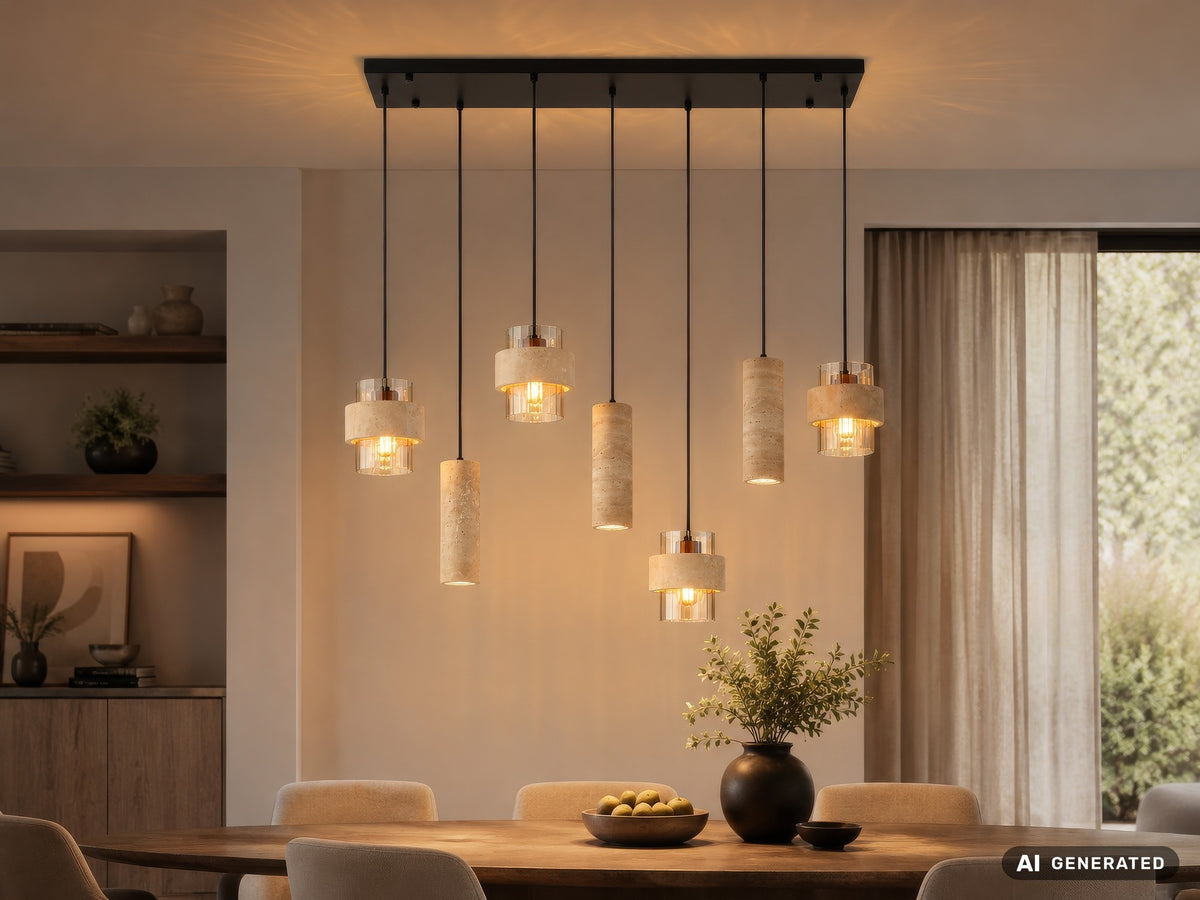 Zwarte metalen hanglamp met stenen cilinders en amberkleurig ribbelglas – afbeelding 4