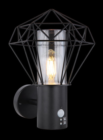Zwarte metalen buitenwandlamp met geometrisch draadframe – afbeelding 3