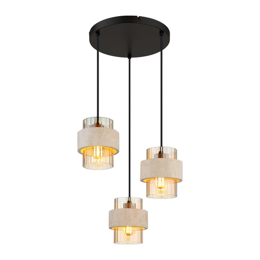 Zwarte metalen hanglamp met drie stenen kappen en geribbeld glas