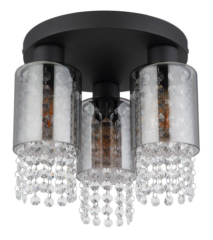 Zwarte metalen plafondlamp met drie rookglazen kokers en kristallen hangers – afbeelding 1