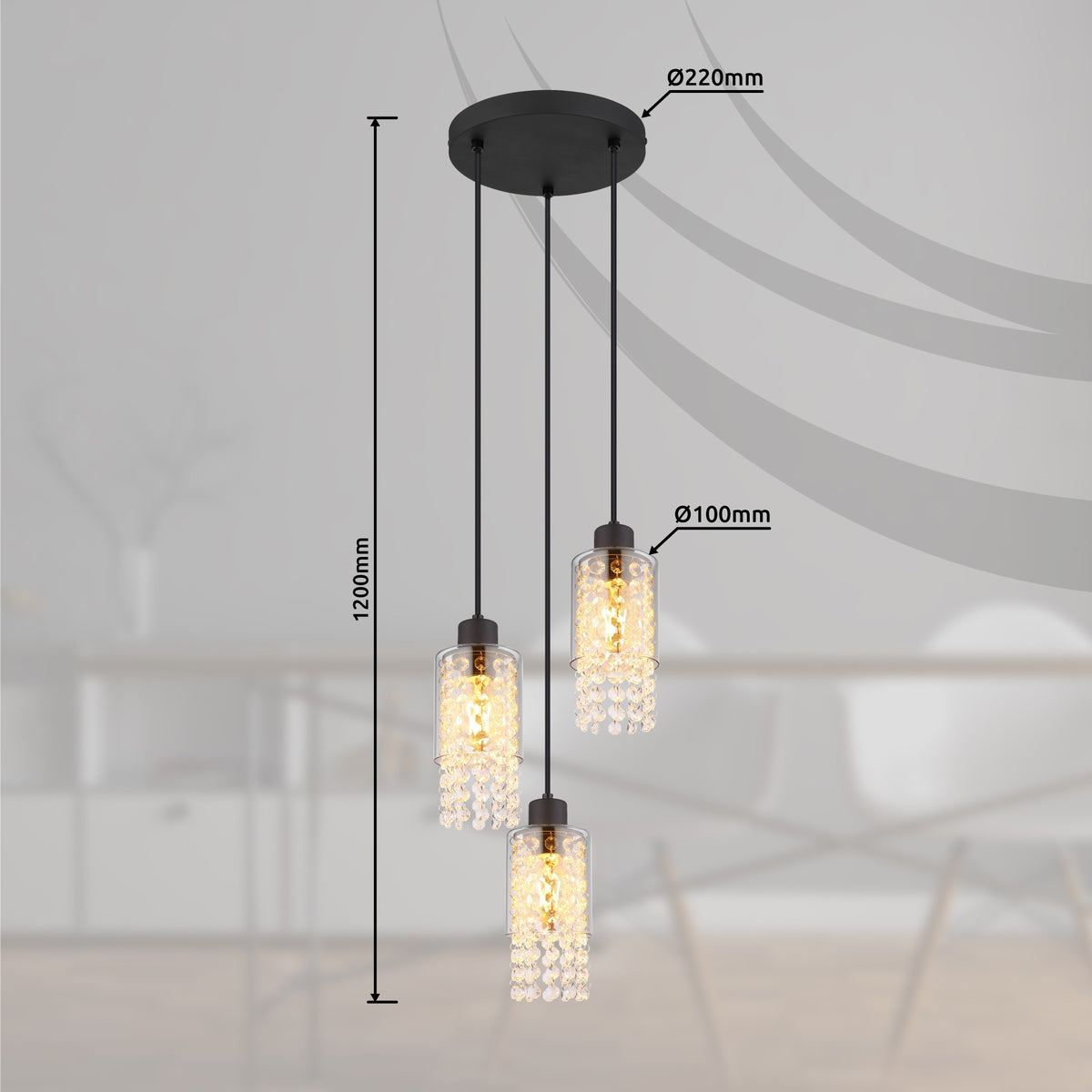 Lampadario a 3 luci in vetro nero elegante – disegno con le misure