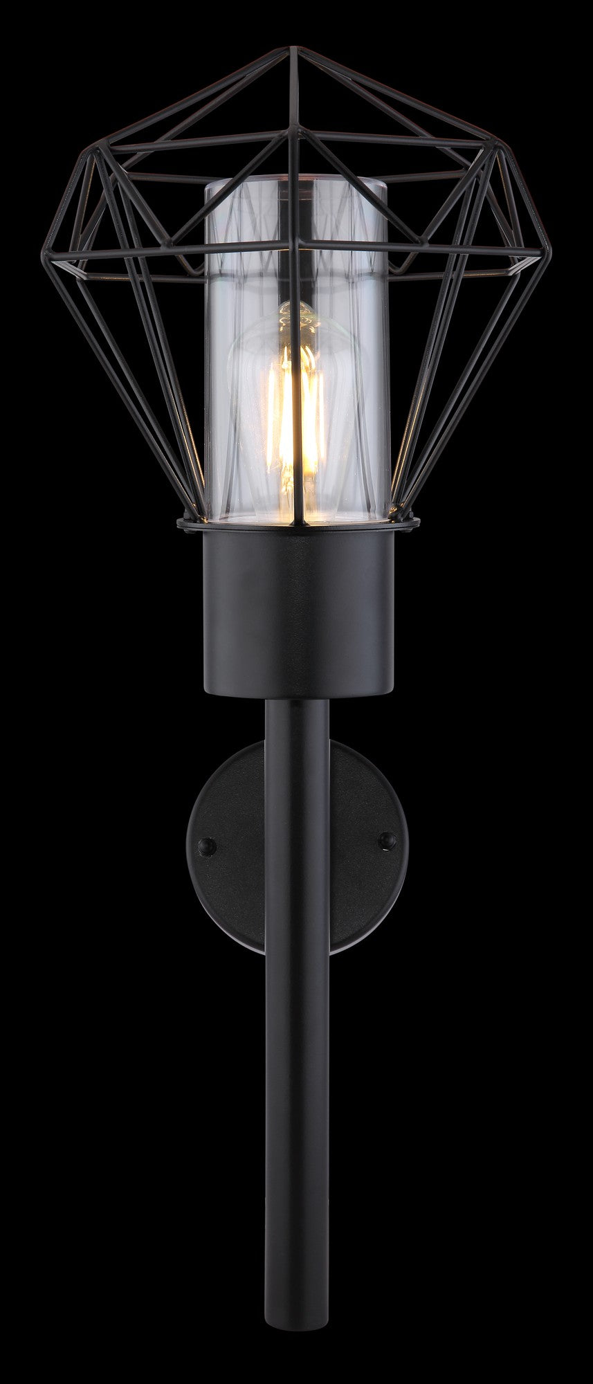 Zwarte metalen buitenwandlamp met glazen koker en geometrisch draadframe – afbeelding 5