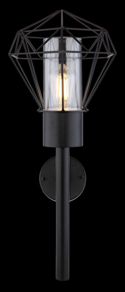 Zwarte metalen buitenwandlamp met glazen koker en geometrisch draadframe – afbeelding 5