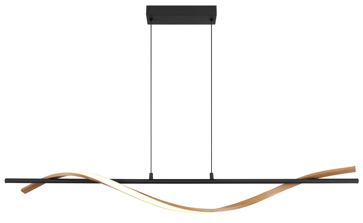 Zwarte metalen hanglamp met golvende houten lichtband – afbeelding 2