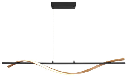 Zwarte metalen hanglamp met golvende houten lichtband – afbeelding 2