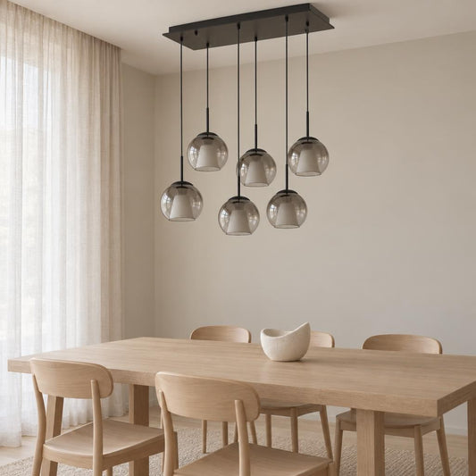 Nowoczesna prostokątna lampa wisząca BARRY z 6 szklanymi kulami – zdjęcie aranżacyjne