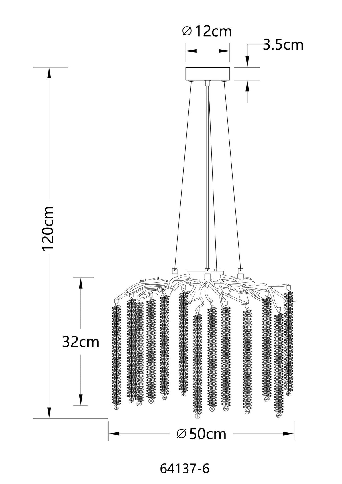 Piccola lampada a sospensione in cristallo cromato – disegno con le misure