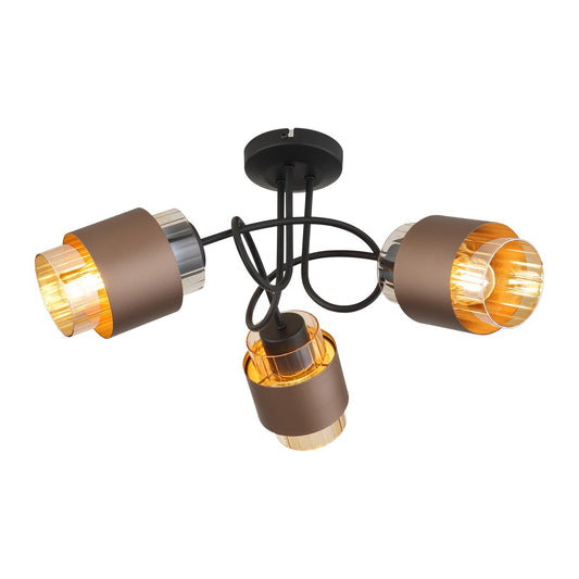 Zwarte metalen plafondlamp met amberkleurige glazen kappen en gebogen armen