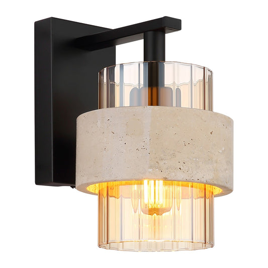 Zwarte metalen wandlamp met amberkleurig geribbeld glas en stenen band