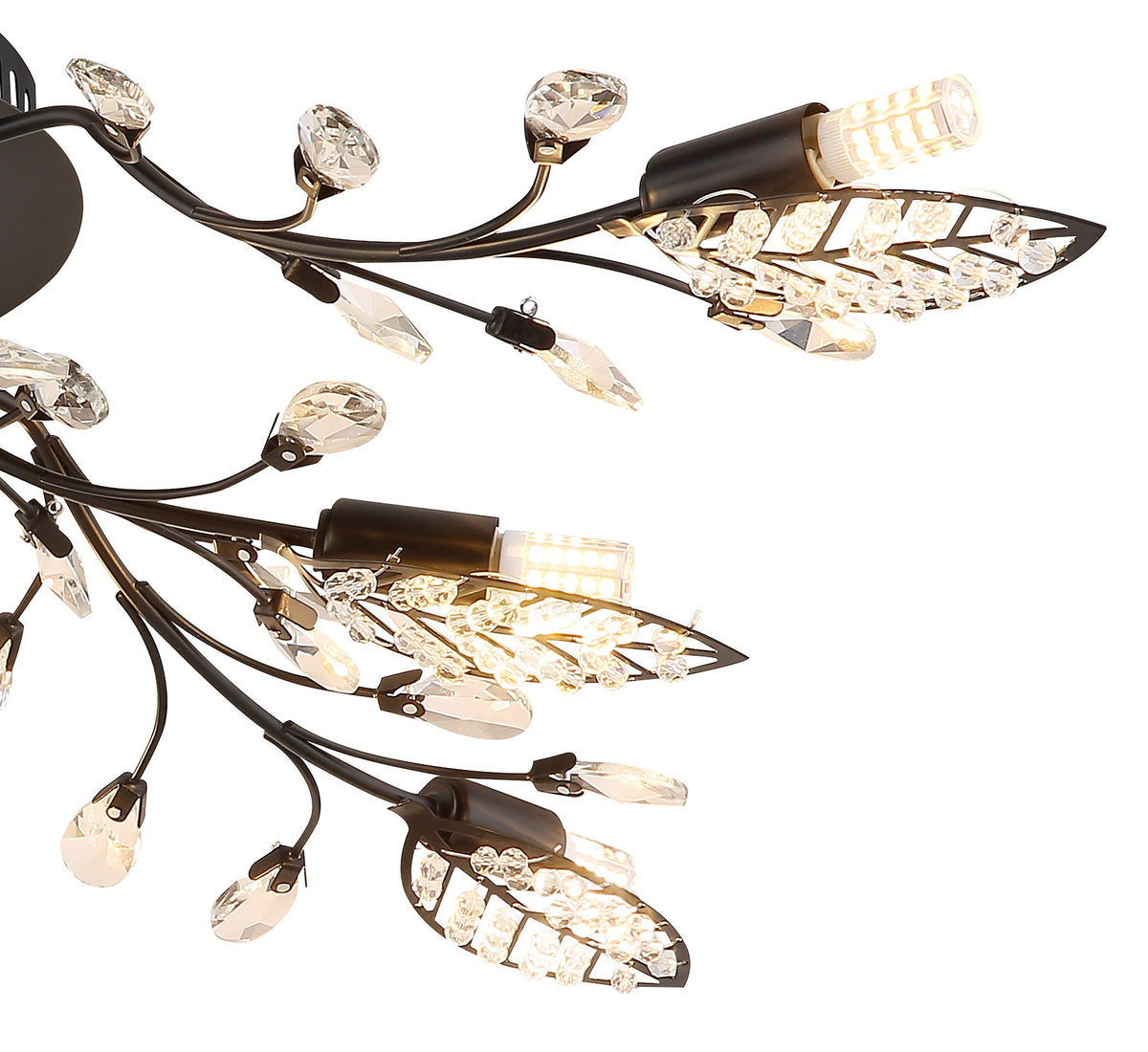 Zwarte metalen plafondlamp met kristallen blaadjes en vertakte armen – afbeelding 2