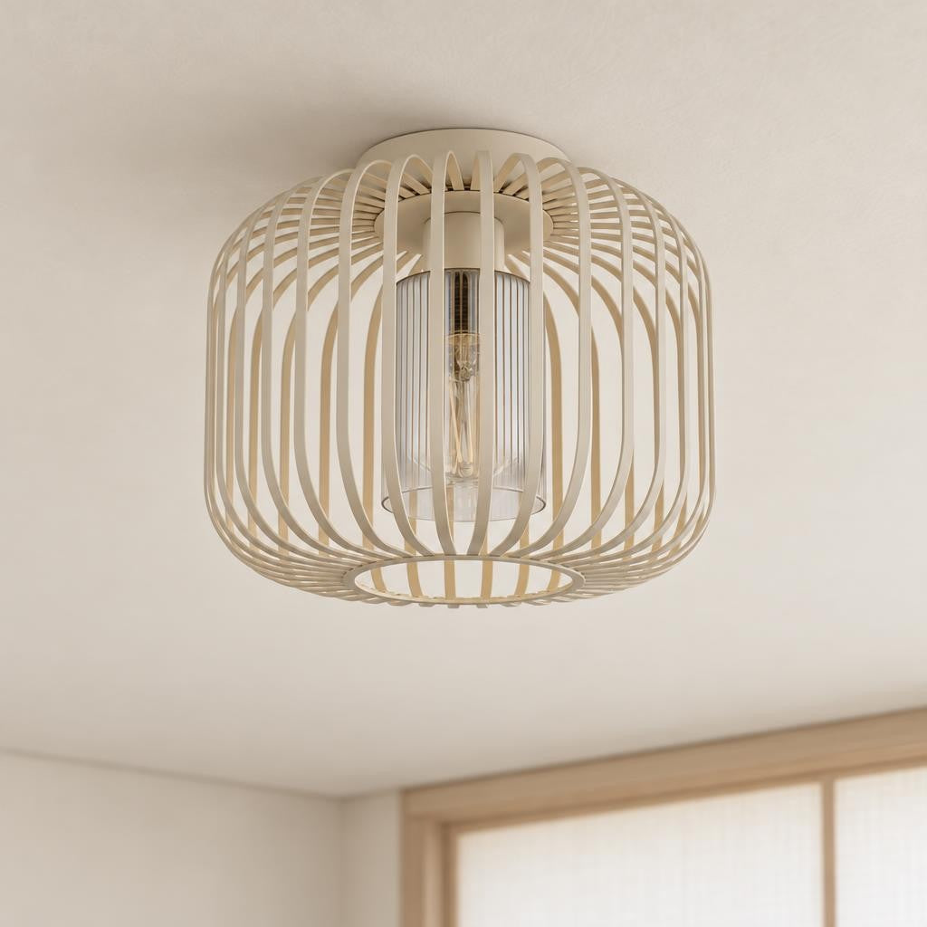 Plafoniera ALFRED beige sabbia con design a rete – foto d'ambiente