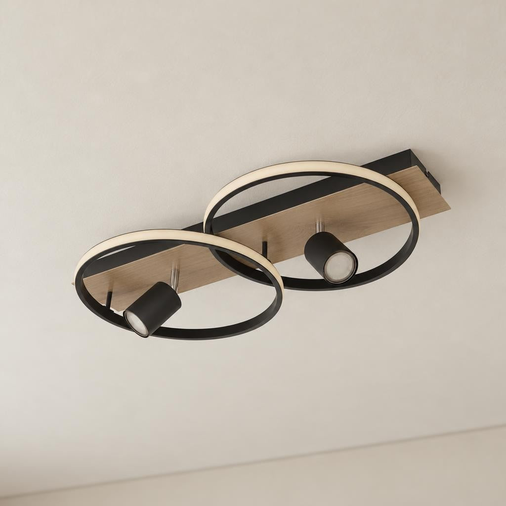 Plafoniera LED BRONQ Danny nera e naturale, 3 luci – foto d'ambiente
