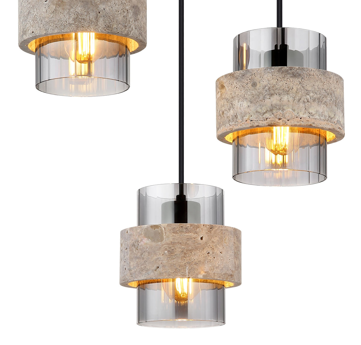 zwarte metalen hanglamp met drie rookglazen kokers en stenen ringen – afbeelding 2