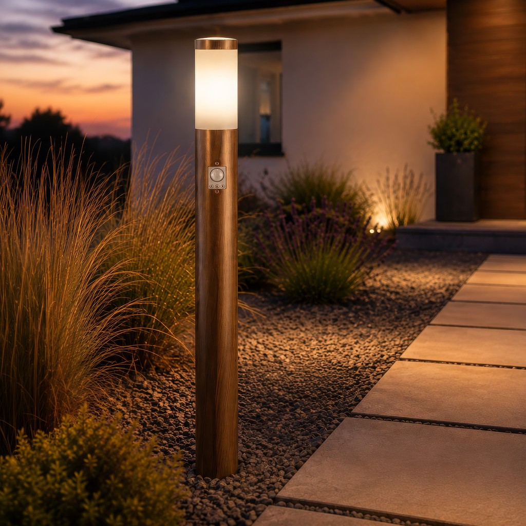 Lampada da esterno in acciaio inossidabile color legno elegante – foto d'ambiente