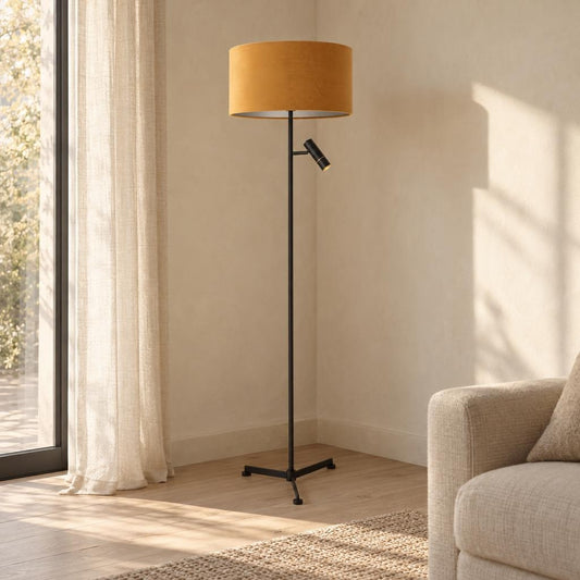 tripod-vloerlamp-zwart-met-gouden-velours-en-leesarm-steinhauer-stang-ai-sfeer_image