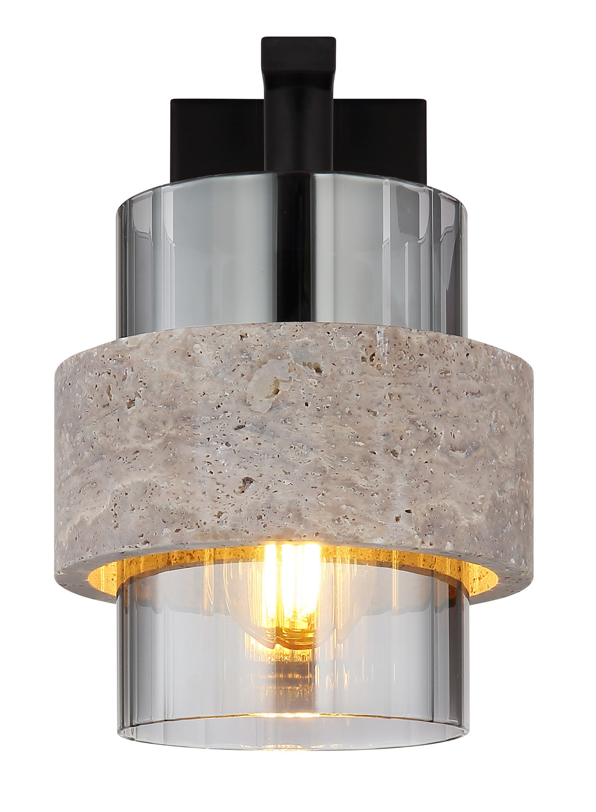 Zwarte metalen wandlamp met stenen kap en rookglazen cilinder – afbeelding 2
