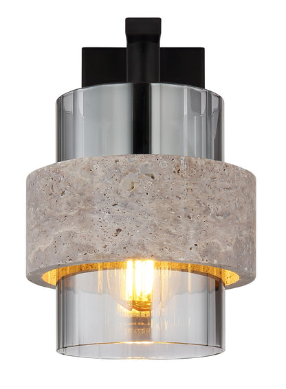Zwarte metalen wandlamp met stenen kap en rookglazen cilinder – afbeelding 2