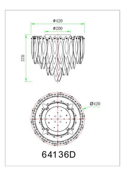 Luz de teto cristalina dourada de 5 lâmpadas – desenho com dimensões