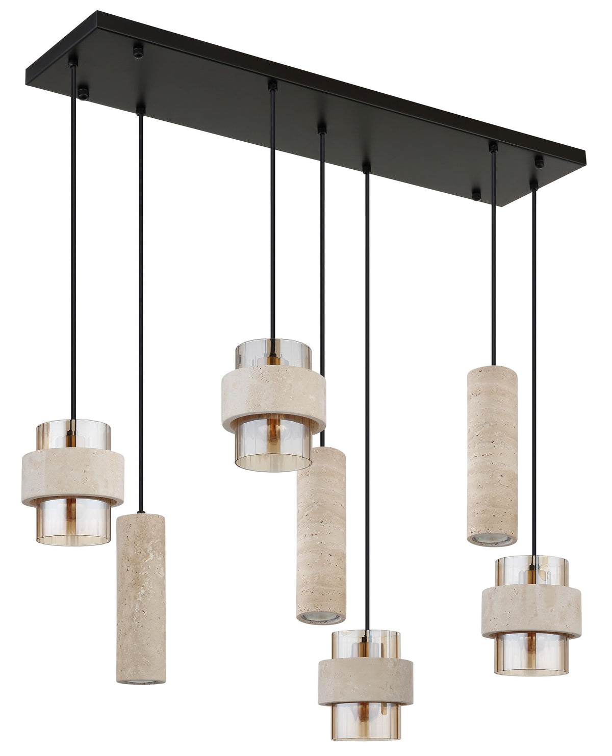 Zwarte metalen hanglamp met stenen cilinders en amberkleurig ribbelglas – afbeelding 1