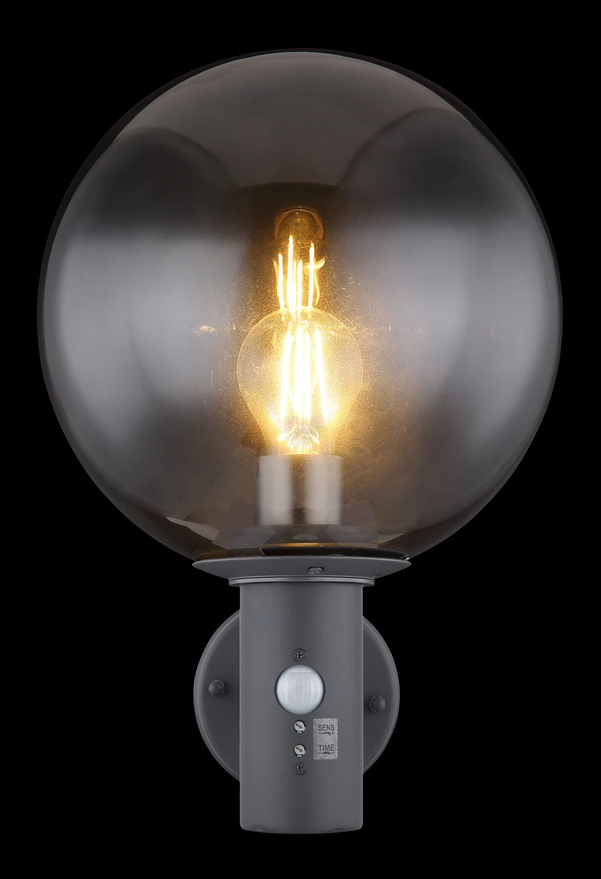 Zwarte metalen buitenwandlamp met gerookte glazen bolkap en ronde wandplaat – afbeelding 4