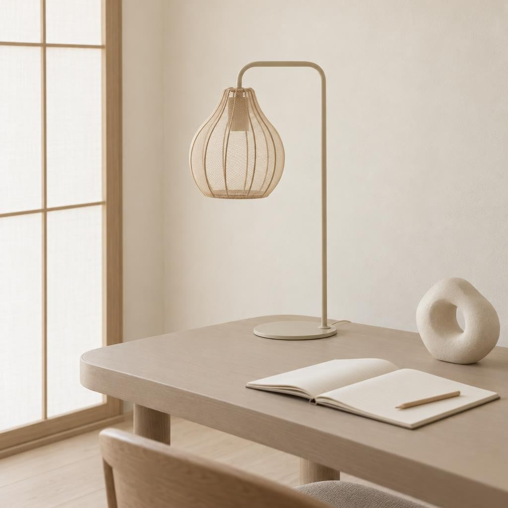 Béžová stolní lampa s drátěnou konstrukcí Elati – fotografie v interiéru