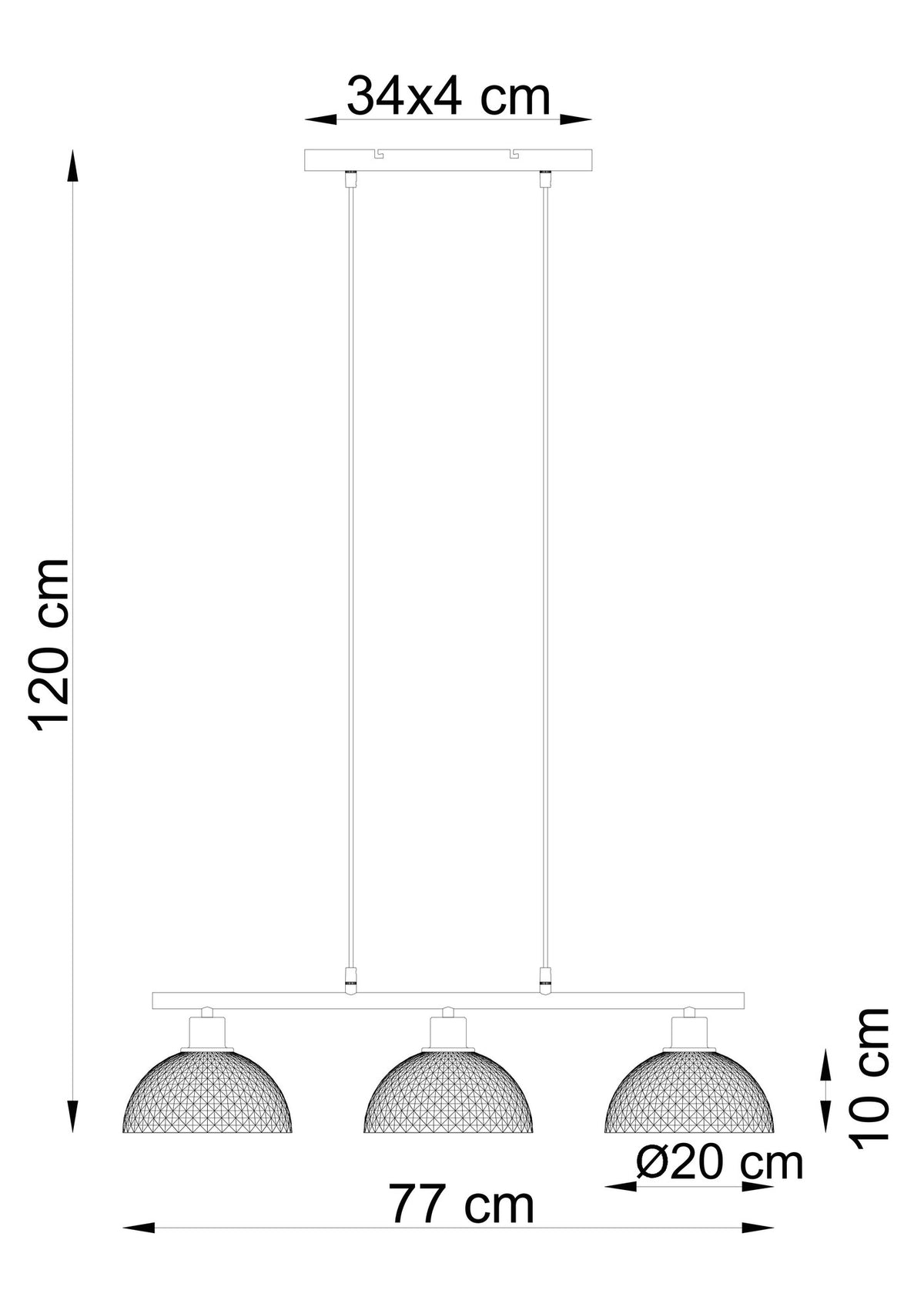 Lampadario a tre luci in vetro color nichel charmante – disegno con le misure