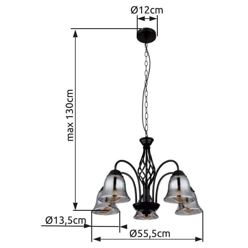 Lampadario a 5 luci in vetro nero d'atmosfera – immagine 5
