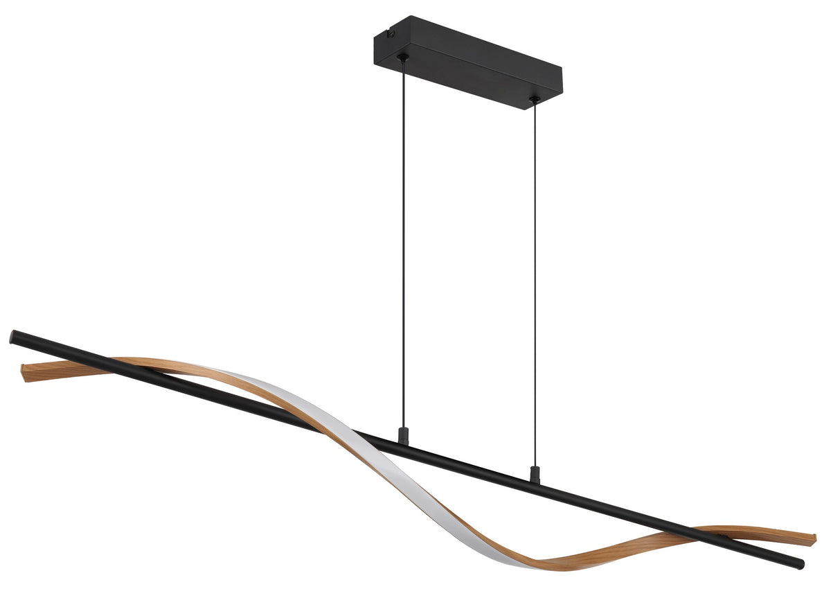 Zwarte metalen hanglamp met golvende houten lichtband – afbeelding 1
