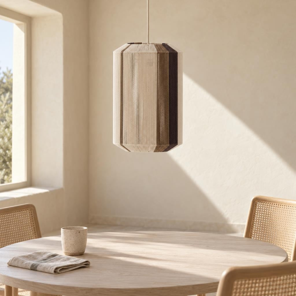Cylindrisk beige pendellampe med striber – Light & Living Kozana – stemningsbillede