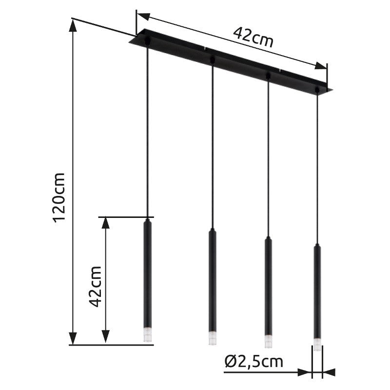 Zwarte metalen hanglamp met cilindervormige pendels en plafondplaat – maattekening