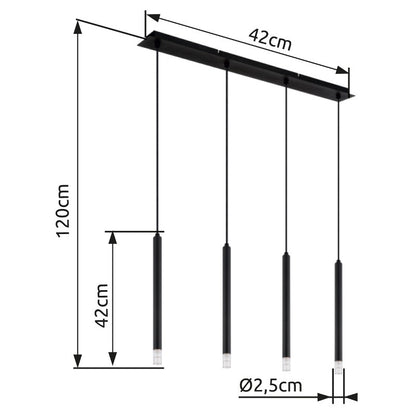 Zwarte metalen hanglamp met cilindervormige pendels en plafondplaat – maattekening