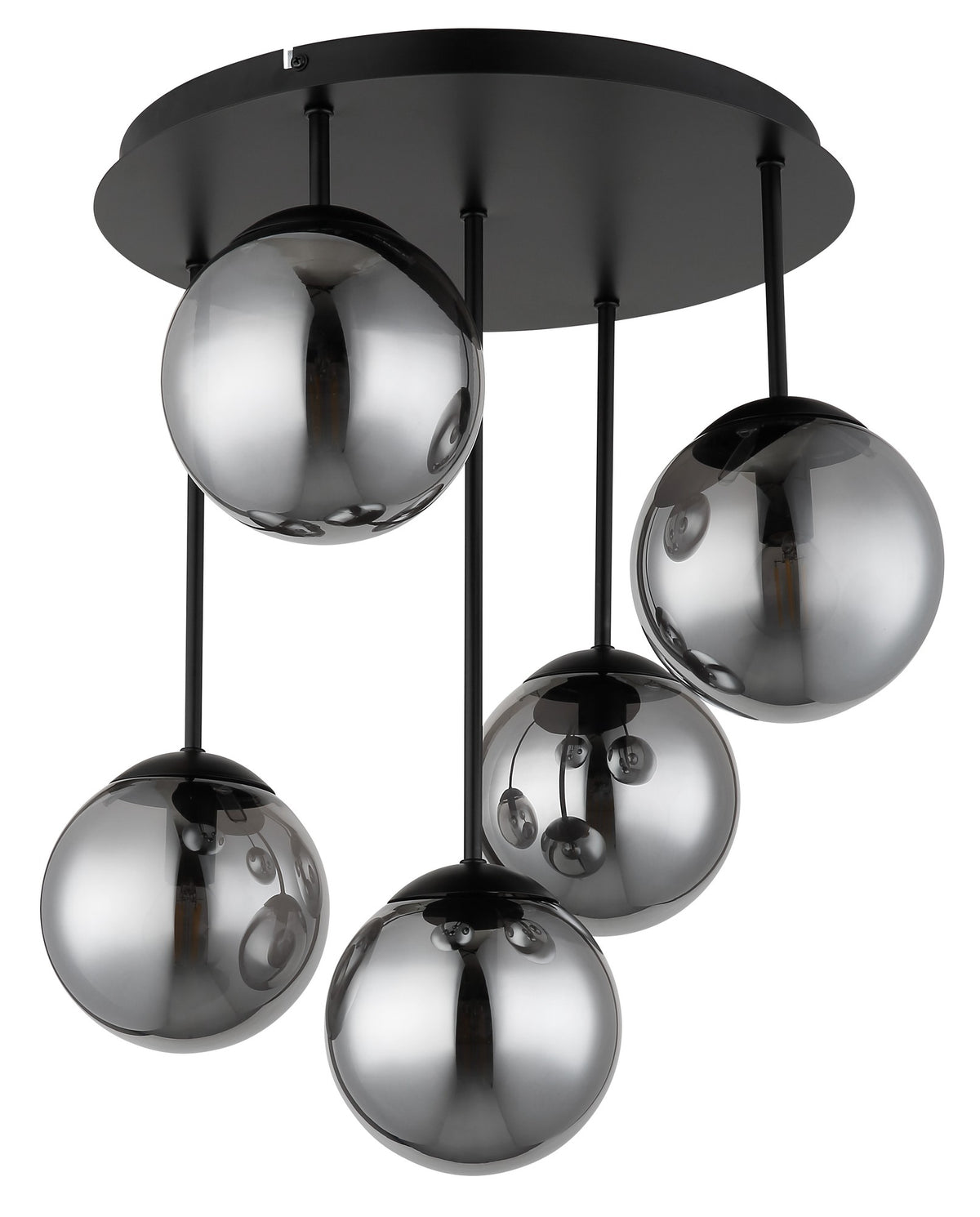 Zwarte metalen plafondlamp met vijf rookglazen bollen en ronde plafondplaat – afbeelding 1