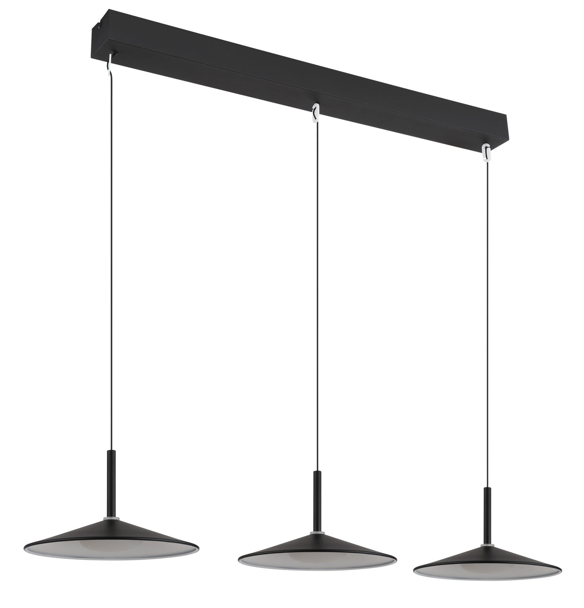 Zwarte metalen hanglamp met brede balk en drie platte schijven – afbeelding 1